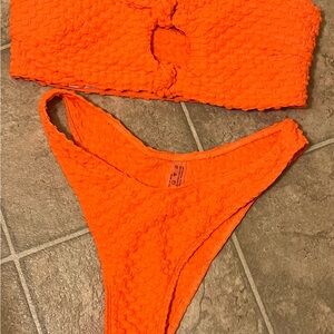 Women’s Textured Orange Bikini Set - Strapless Top & High-Cut Bottom